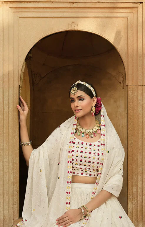Dusty White Georgette Lehenga Choli with Thread & Sequins Work