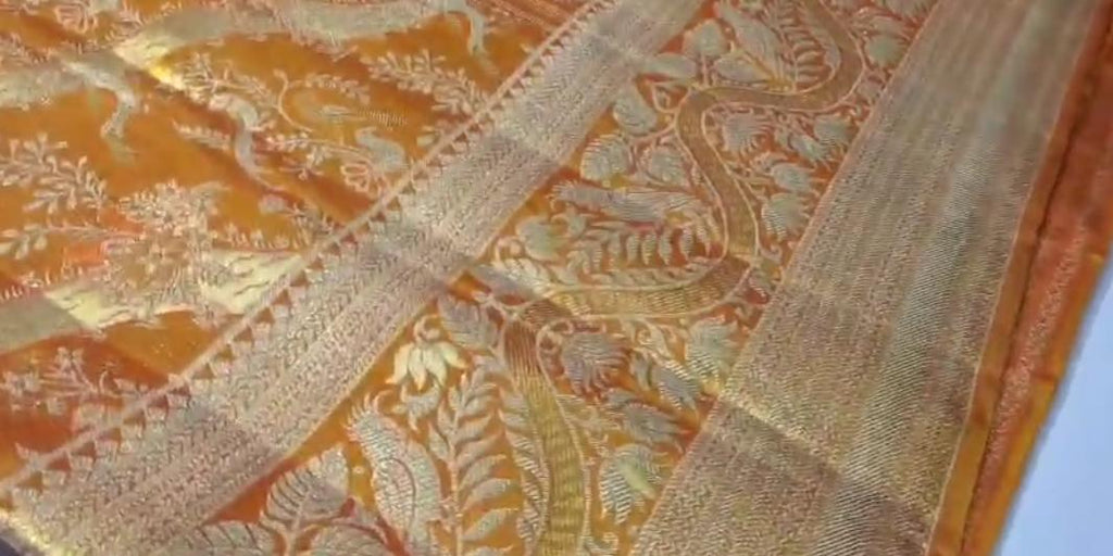 Orange Kanchipuram Handloom Tissue Brocade Silk Meenakari Saree