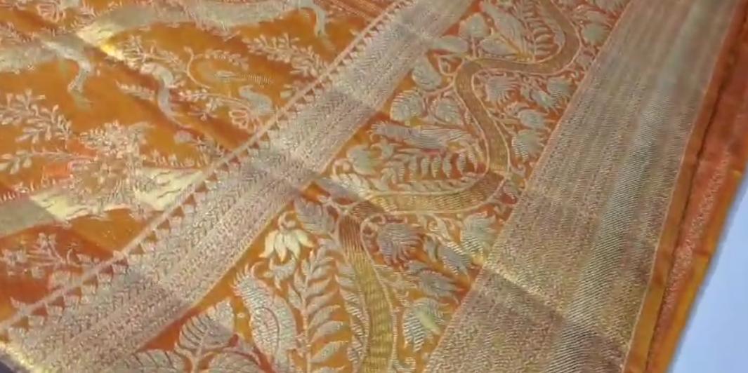 Orange Kanchipuram Handloom Tissue Brocade Silk Meenakari Saree