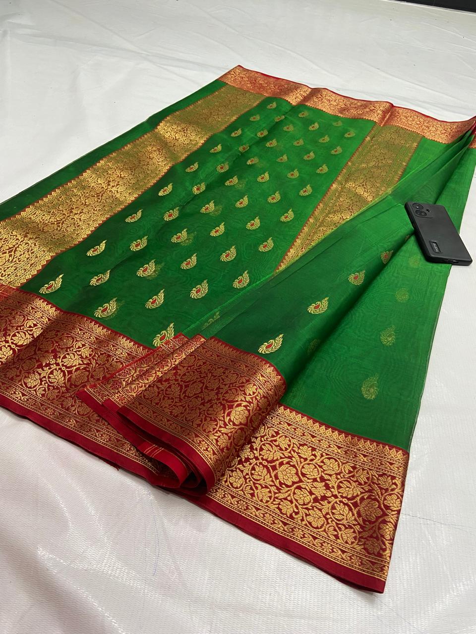 Green Chanderi Handloom Katan Silk Meenakari Saree