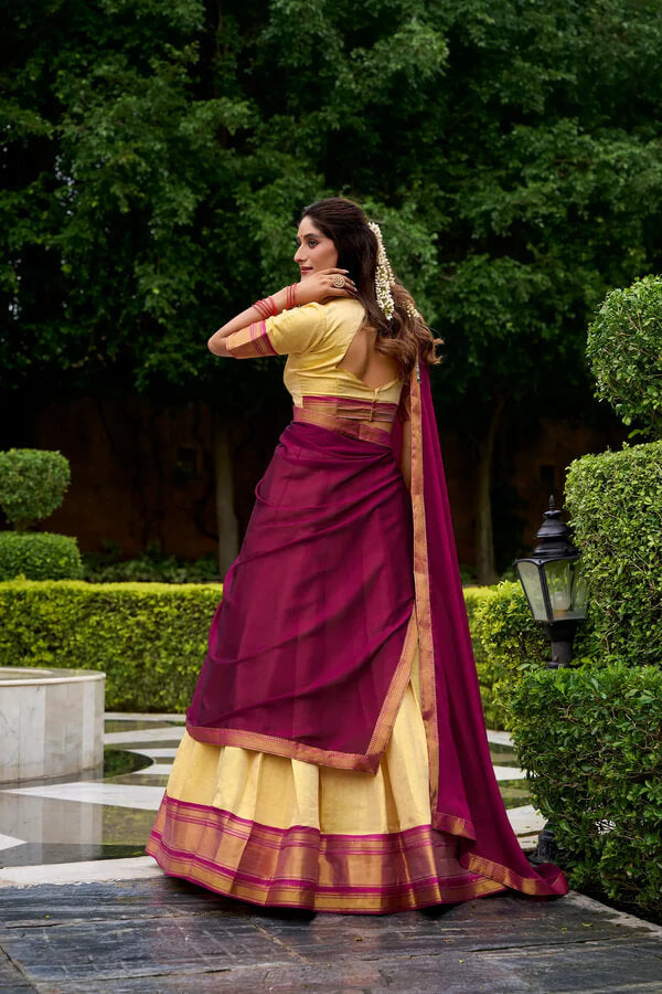Elegant Beige & Dark Pink Kanchipuram Silk Lehenga Choli
