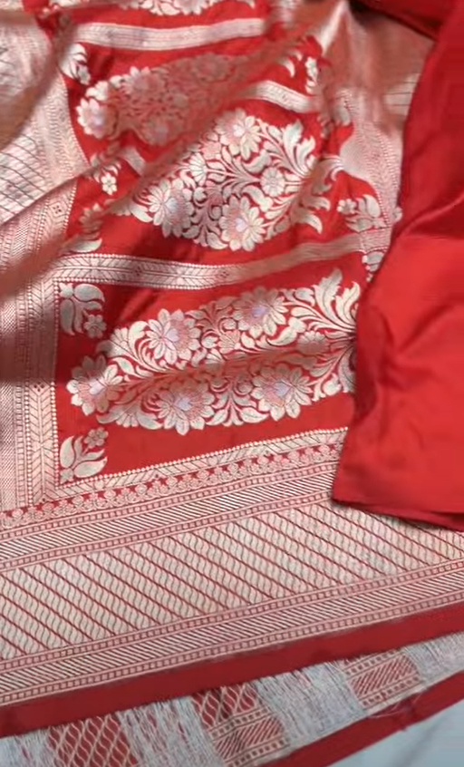 A bridal red Banarasi Katan silk saree featuring intricate hand-woven Sona Rupa zari motifs in gold and silver.