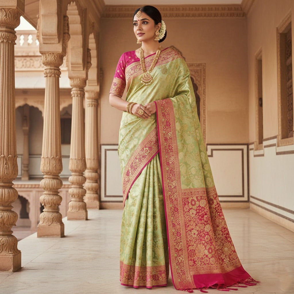 Pastel Green Kanchipuram Handloom Tissue Brocade Silk Meenakari Saree