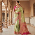 Pastel Green Kanchipuram Handloom Tissue Brocade Silk Meenakari Saree
