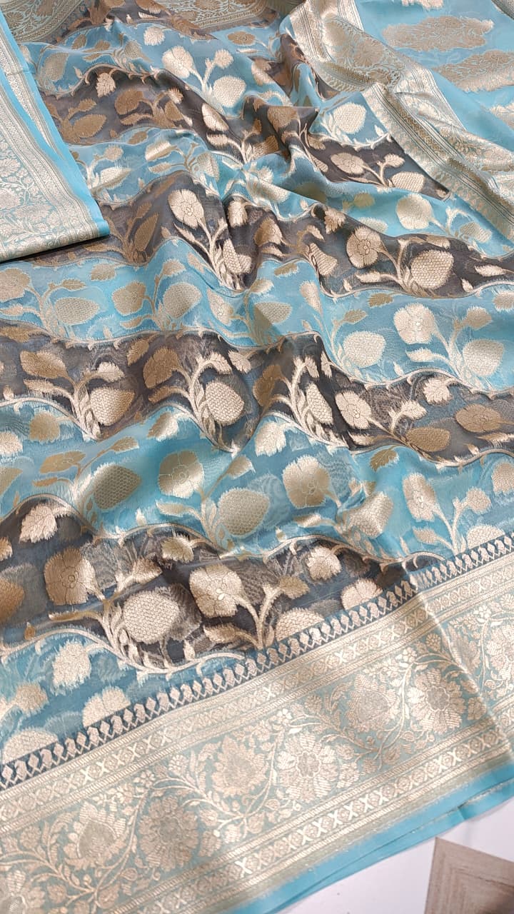 Turquoise Banarasi Handloom Rangkat Kora Tissue Silk Saree