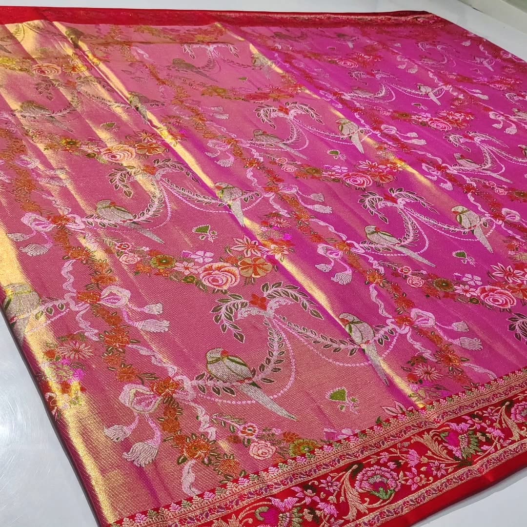Hot Pink Kanchipuram Handloom Tissue Brocade 4D Weaving Silk Saree