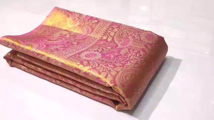 Hot Pink Kanchipuram Håndvævet Brokade Silkesari