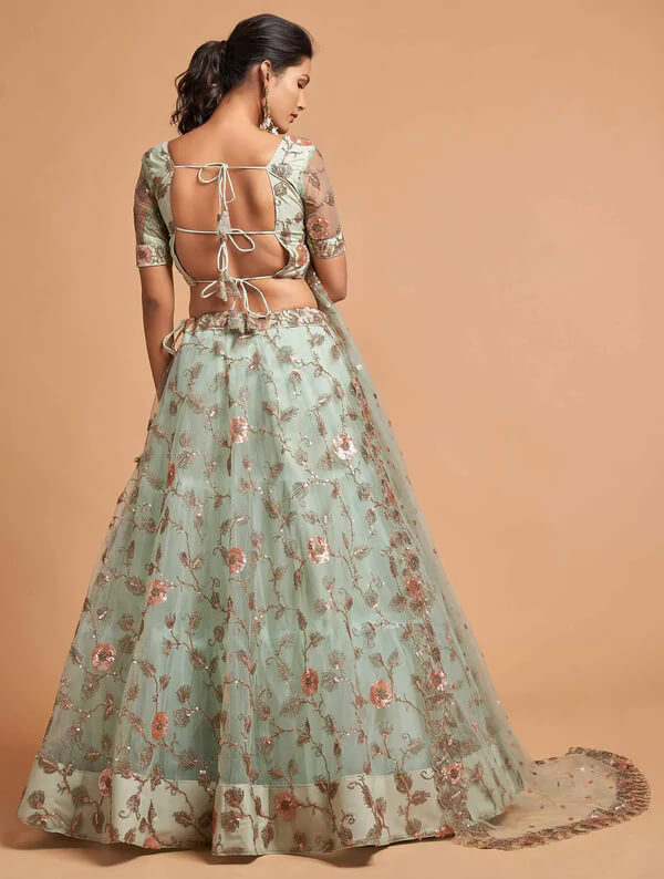 Spanish Green Soft Net Lehenga with Zari & Thread Work