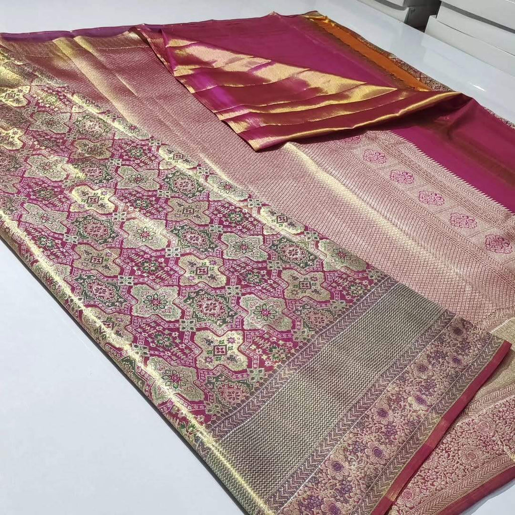 Hot Pink Kanchipuram Handloom Tissue Brocade Meenakari Silk Saree