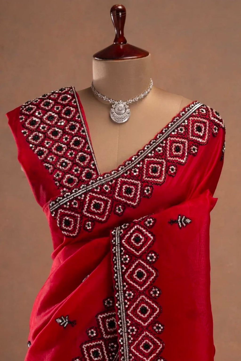 Rustic Red Hand Embroidered Organza Silk Saree
