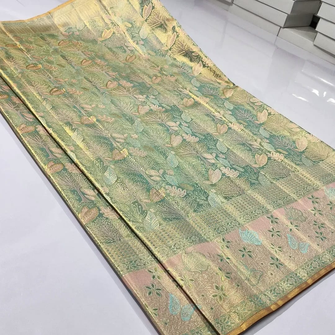 Pastel Green Kanchipuram Handloom Tissue Brocade Meenakari Silk Saree