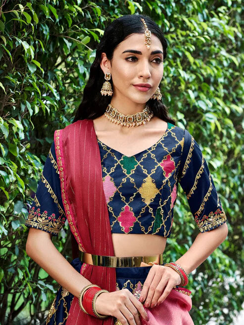 Elegant Navy Blue Lehenga Choli with Sequins Embroidery