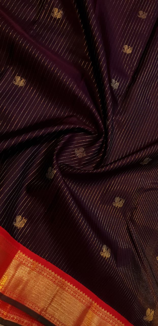 Wine Kanchipuram Handloom 3G Gold Vairaoosi Korvai Silk Saree