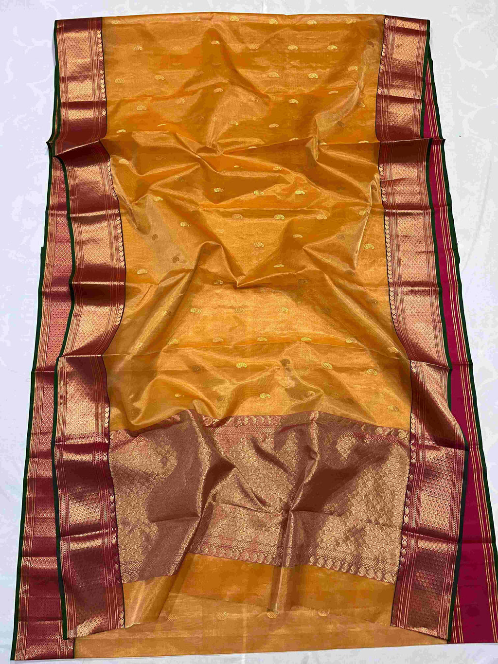 Dual Tone Mustard Chanderi Håndvævet Katan Tissue Silke Saree