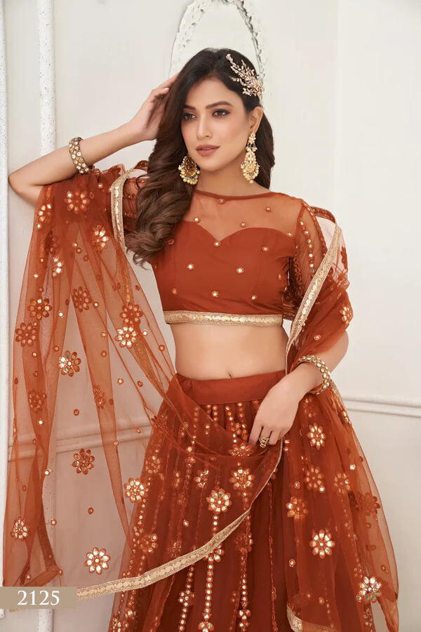 Elegant Brown Net Lehenga with Fancy Lace Detailing