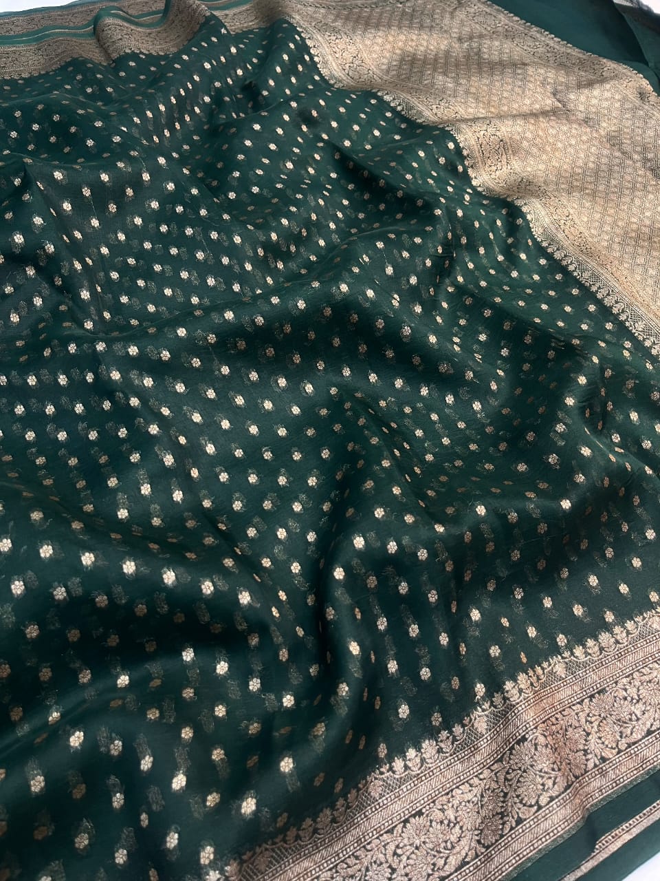 Dark Green Banarasi Handloom Kora Organza Silk Saree