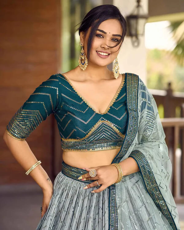 Light Blue Grey Lehenga Choli with Thread & Sequins Work