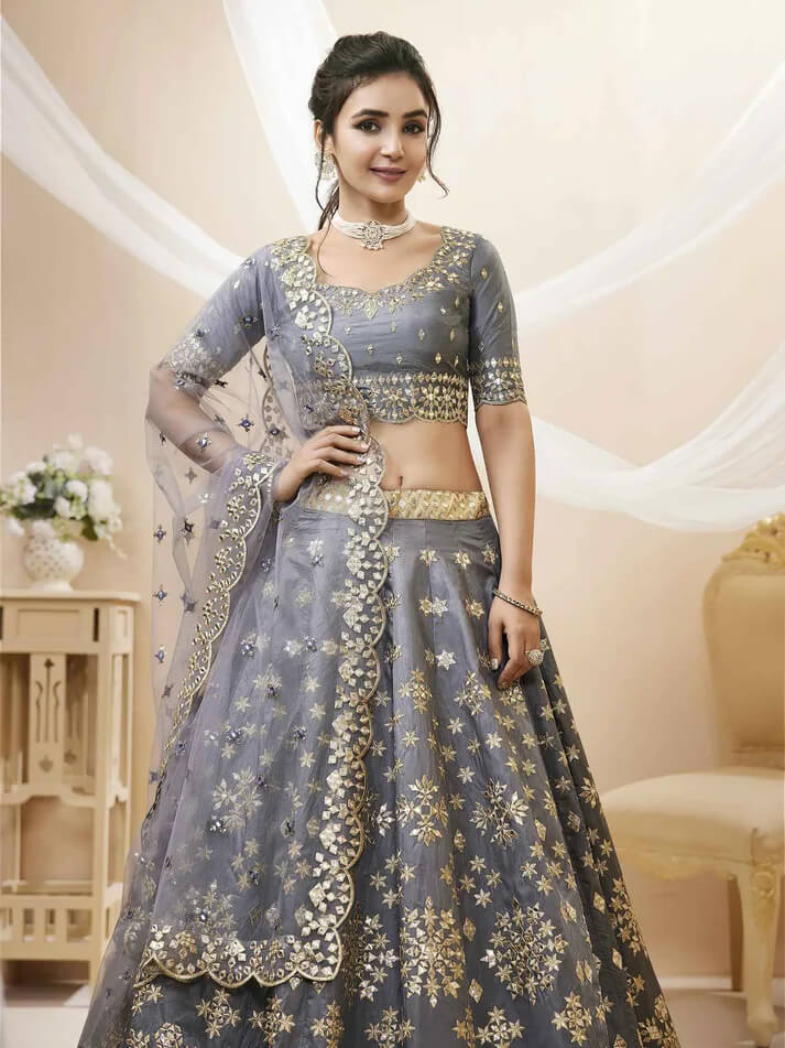 Grey Art Silk Lehenga with Sequins & Zari Embroidery