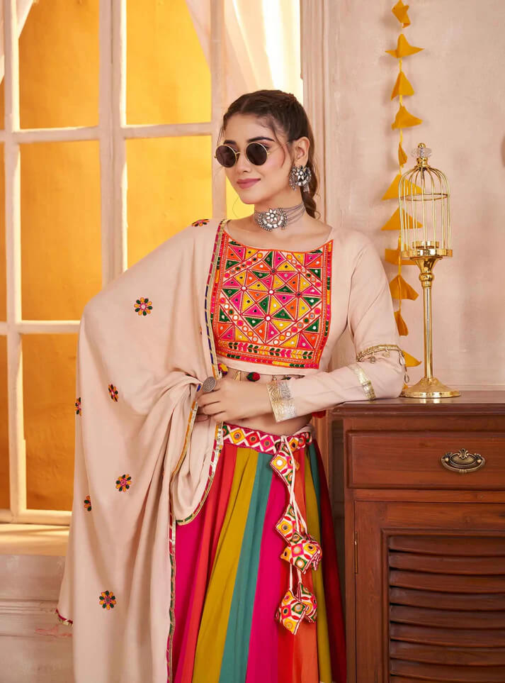 Beige Multi Color Thread & Mirror Work Navratri Lehenga
