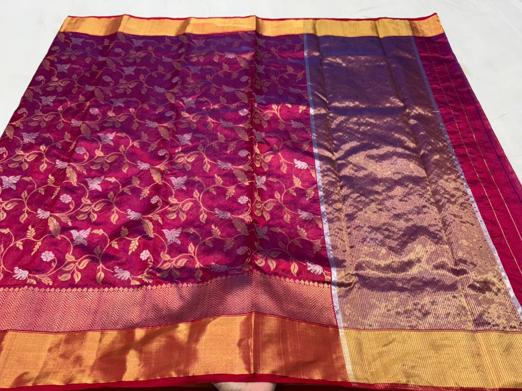Dark Pink Chanderi Handloom Pattu Silk Shikargah Handwork Saree