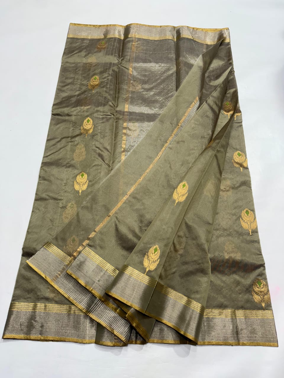 Olive Green Chanderi Handloom Pattu Silk Meenakari Saree