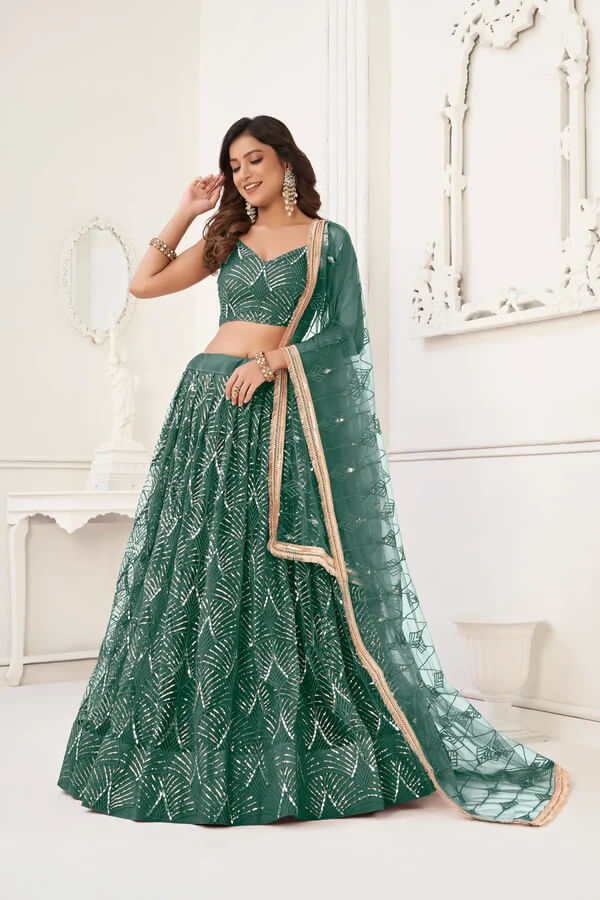 Chic Bottle Green Net Lehenga for Sangeet & Functions
