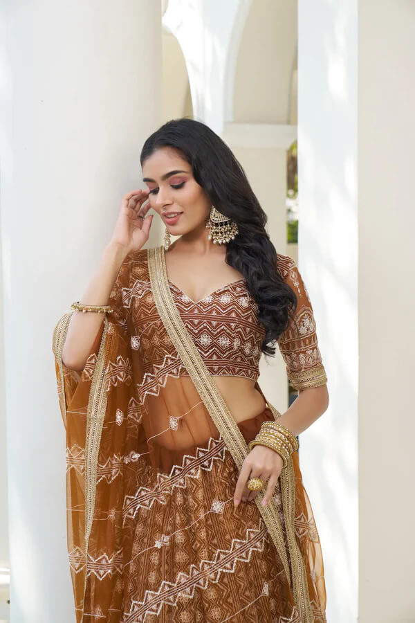 Stylish Dusty Rose Net Lehenga Choli with Thread Work
