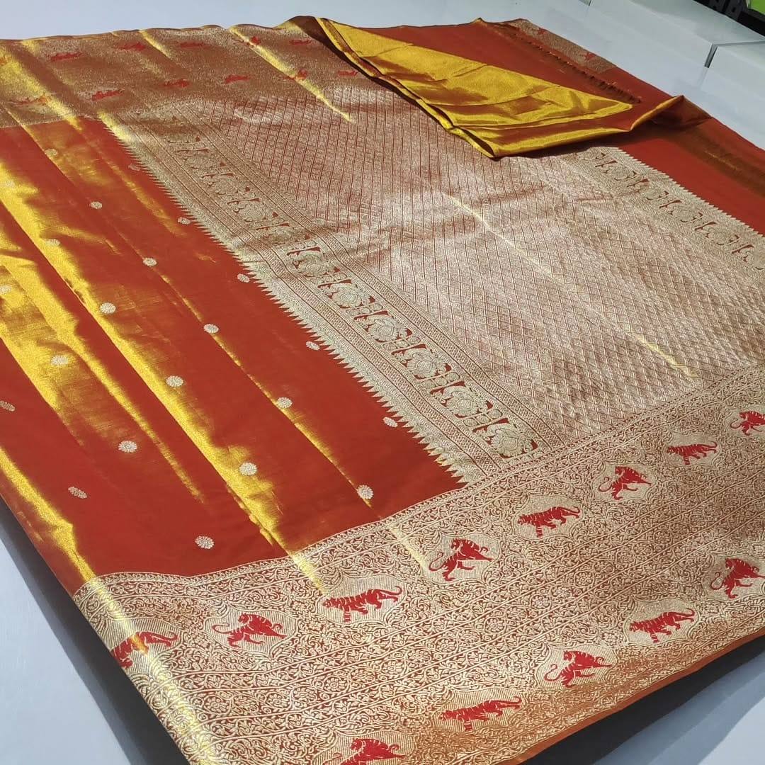 Orange Kanchipuram Handloom Tissue Brocade Silk Meenakari Saree