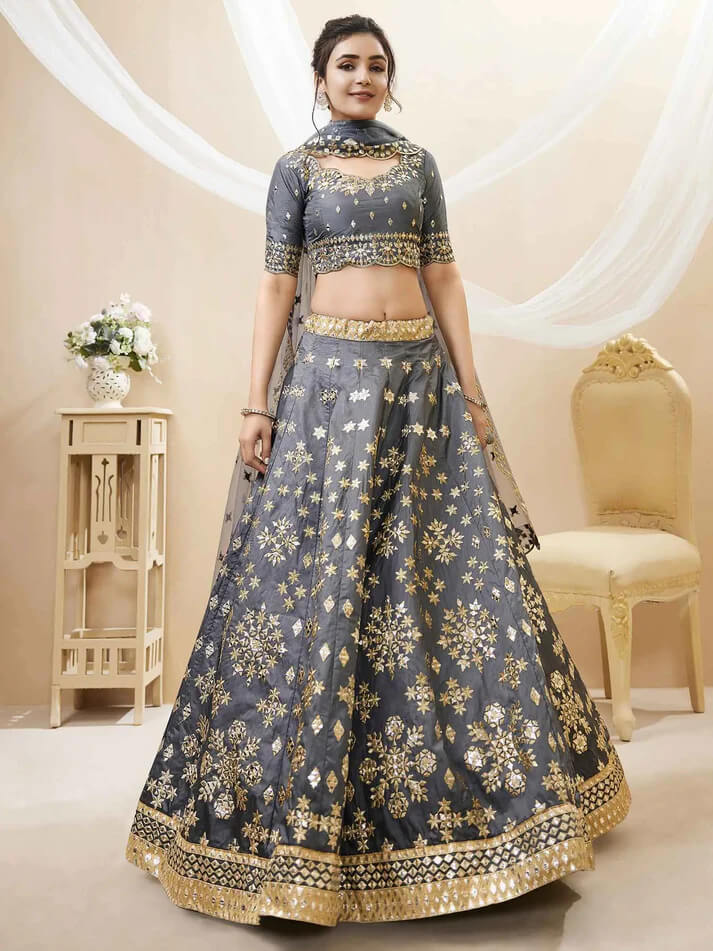 Grey Art Silk Lehenga with Sequins & Zari Embroidery