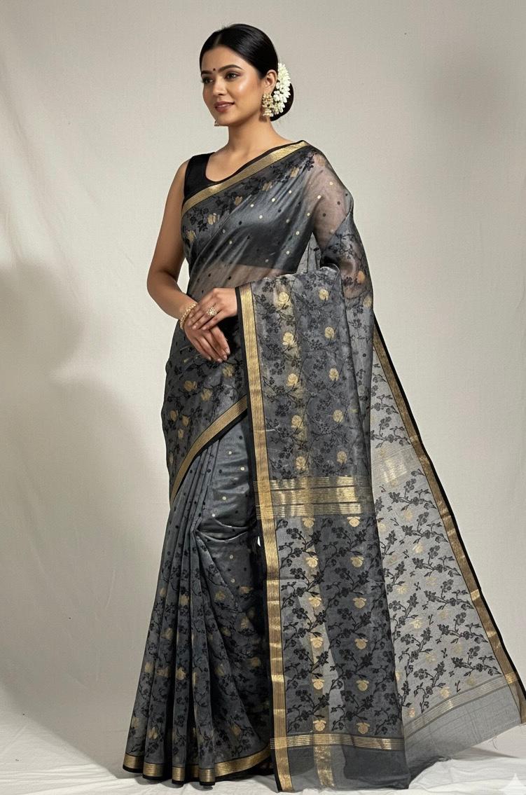Dark Grey Chanderi Handloom Katan Silk Meenakari Saree