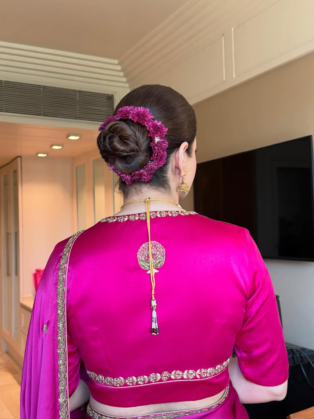 Rani Pink Shaded Hand Embroidered Satin Silk Saree