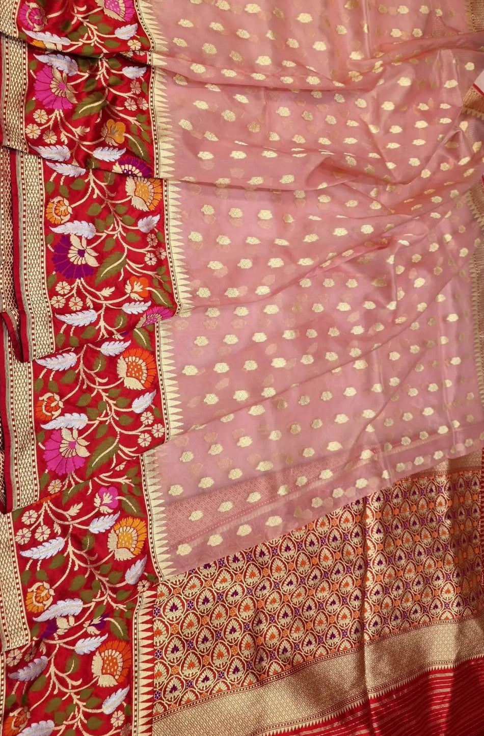 Pink & Red Banarasi Handloom Kora Tissue Silk Meenakari Saree