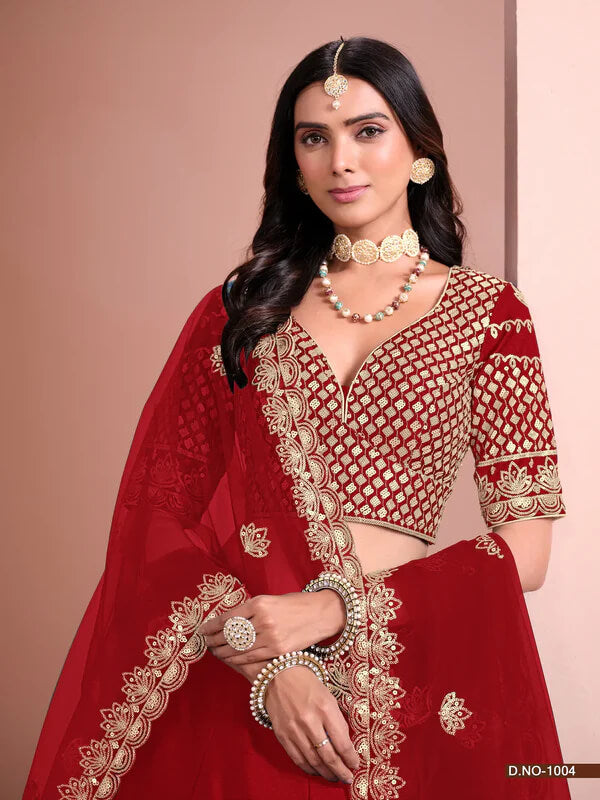 Red Art Silk Lehenga with Paper Mirror & Embroidery