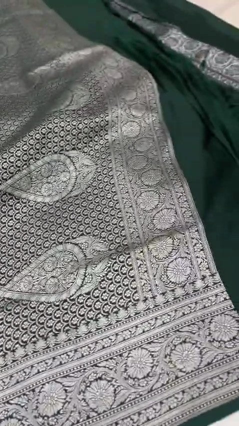 Bottle Green Banarasi Mashru Soft Silk Saree