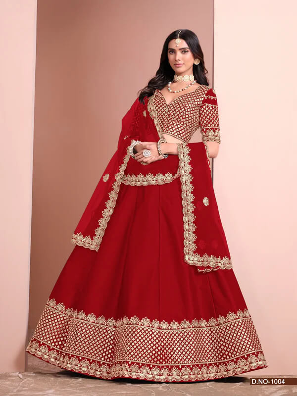 Red Art Silk Lehenga with Paper Mirror & Embroidery