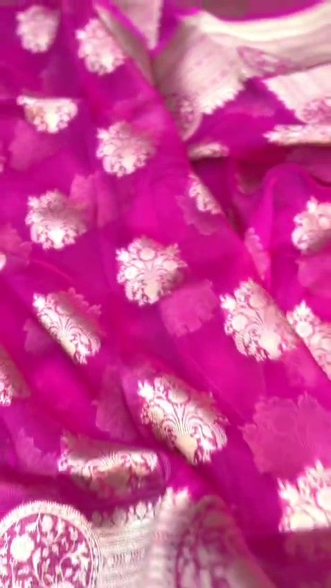Hot Pink Banarasi Handloom Kora Organza Silk Saree
