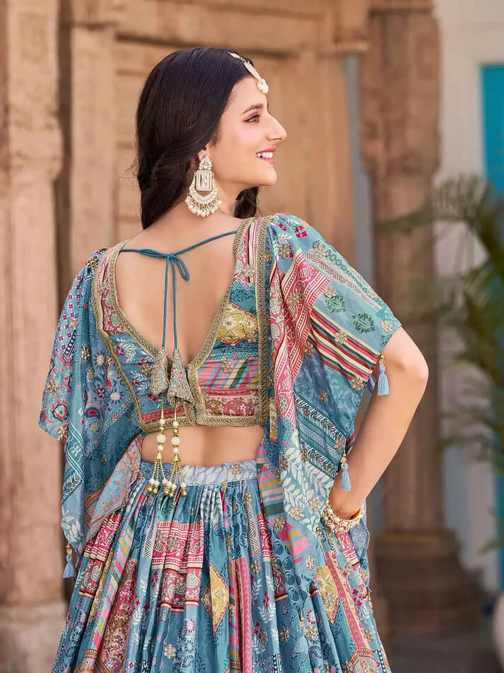 Sky Blue Printed Lehenga with Pearl Work Blouse
