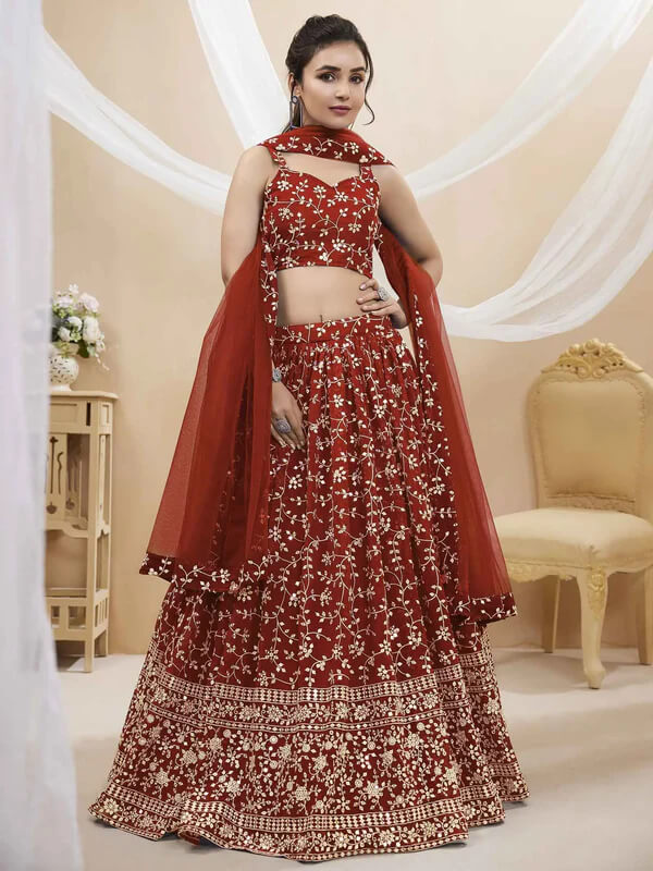 Red Georgette Lehenga with Sequins & Zari Work