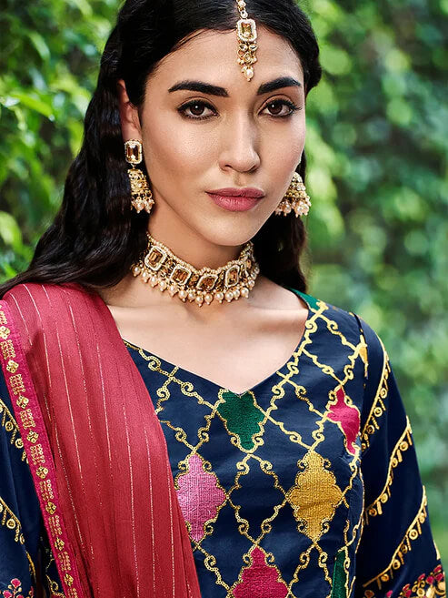 Elegant Navy Blue Lehenga Choli with Sequins Embroidery