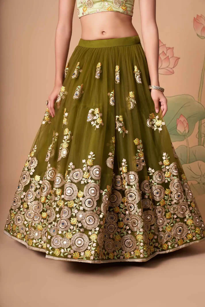 Mehndi Green Net Lehenga with Zari, Sequins & Mirror Work