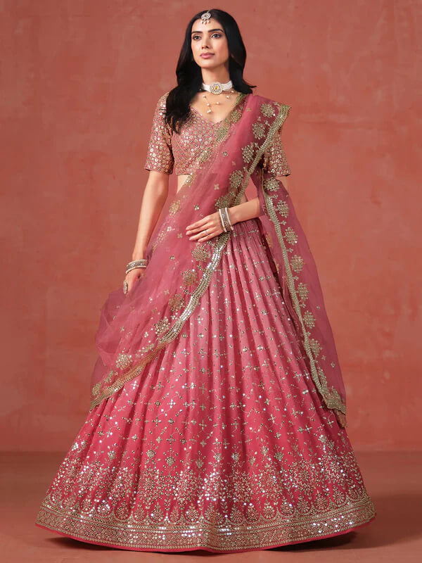 Peach-Pink Gradient Georgette Lehenga with Zari & Sequins