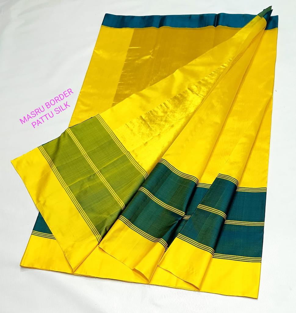 Yellow Chanderi Handloom Pattu Silk Mashru Borders Saree