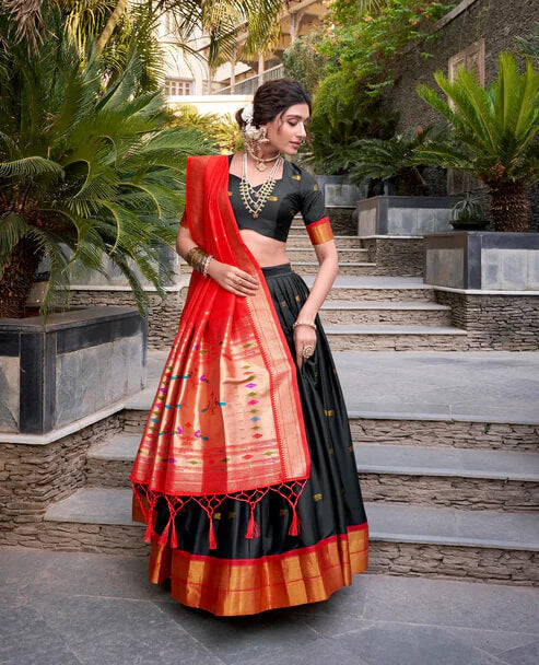 Black Zari Weaving Paithani Lehenga Choli in Jacquard Silk