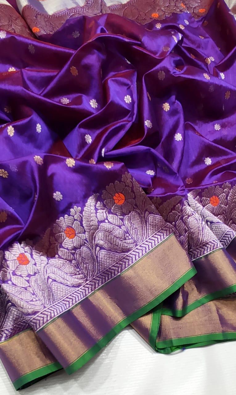 Dual Tone Purple Chanderi Handloom Pattu Silk Handwork Saree