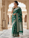 Dark Green Banarasi Handloom Katan Moonga Silk Water Zari Meenakari Saree
