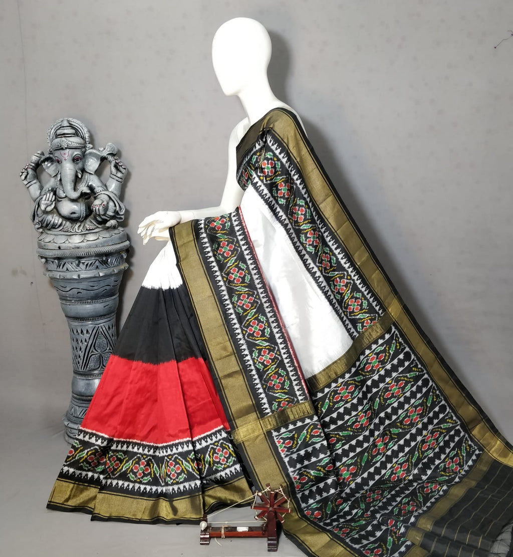 Red, White & Black Pochampally Handloom 3D Ikkat/Ikat Silk Saree