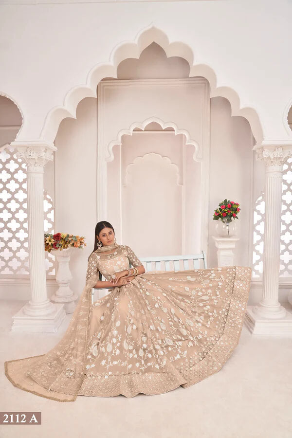 Elegant Beige Net Embroidered Lehenga Choli