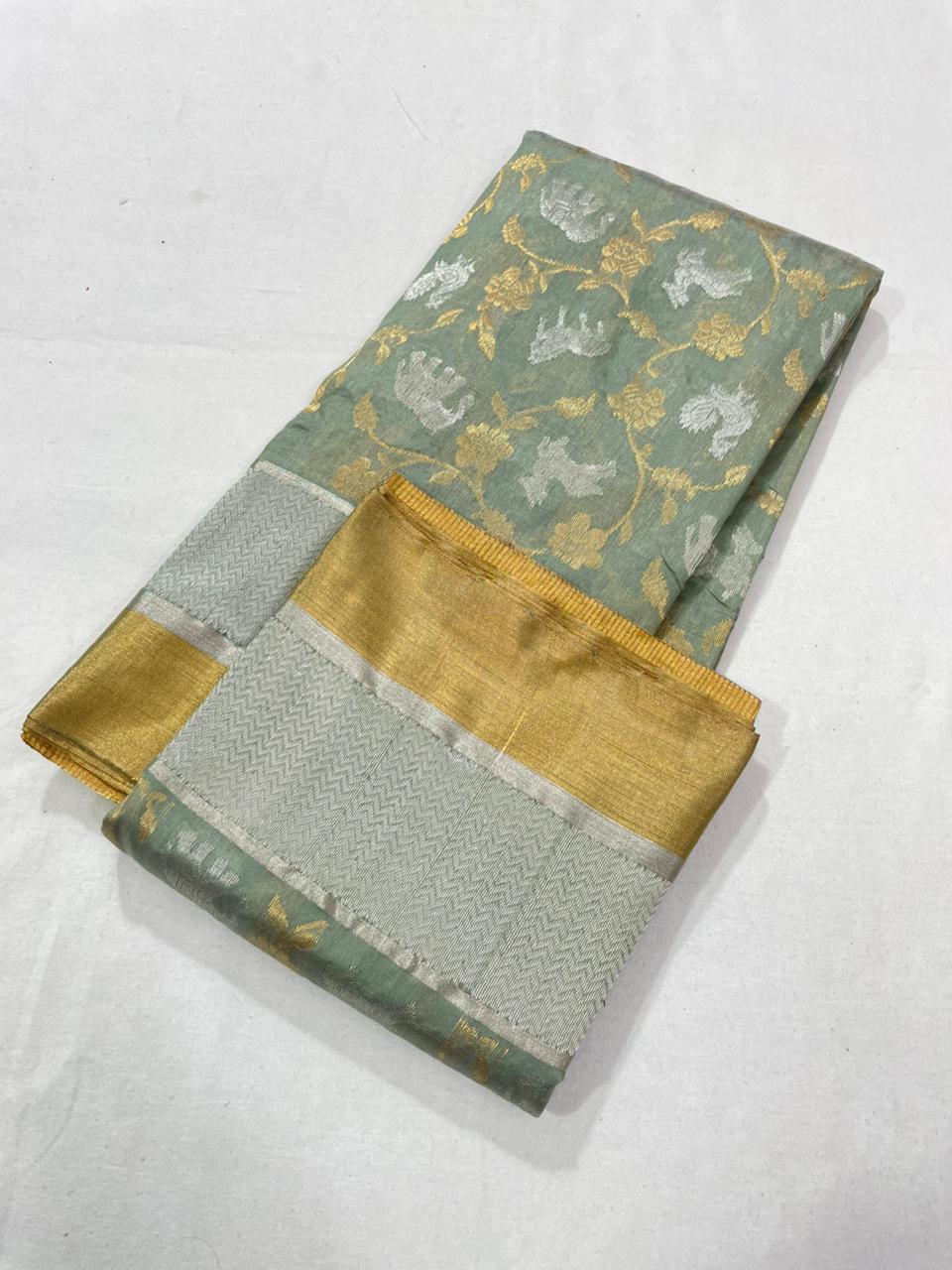 Sage Green Chanderi Handloom Pattu Silk Shikargah Handwork Saree