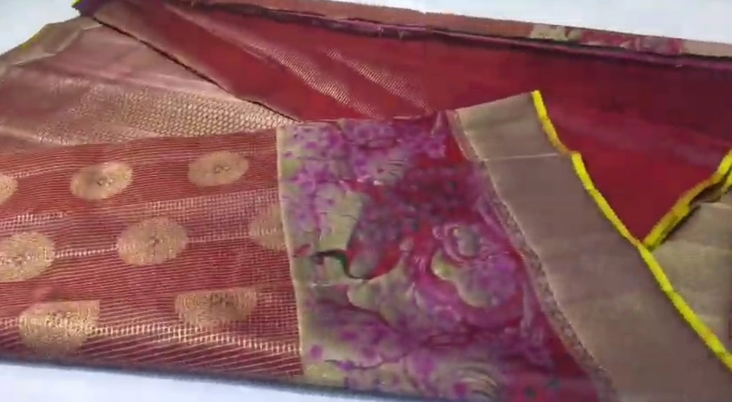 Maroon Kanchipuram Handloom Tissue Resham Warp Meenakari Saree