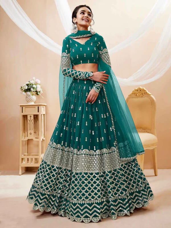 Teal Blue Sequins & Zari Embroidered Georgette Lehenga